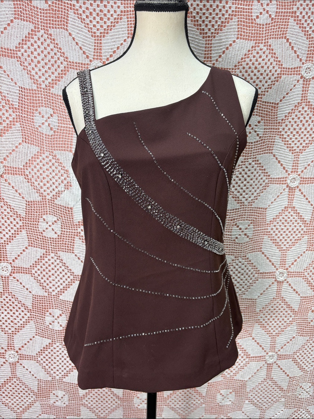 Vintage Brown Rhinestone Asymmetrical Top Sz M